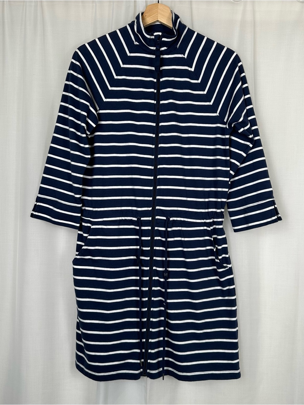 Lands End Full Zip Swim Cover Up Navy Blue White Stripe Cotton Dress XS Pockets